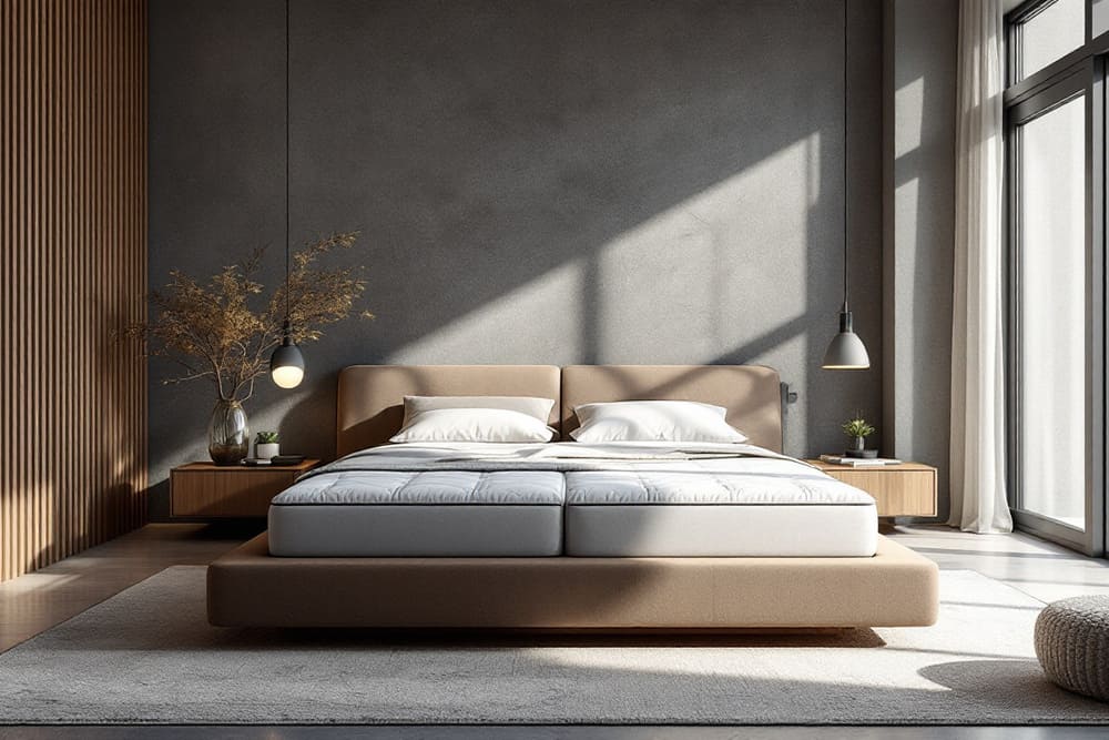 dormitorio moderno con cama minimalista y decoracion elegante en tonos neutros