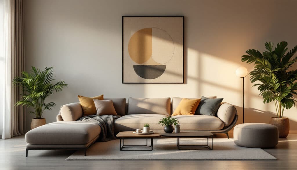 sala con sofa moderno de tonos neutros y decoracion minimalista en un entorno luminoso