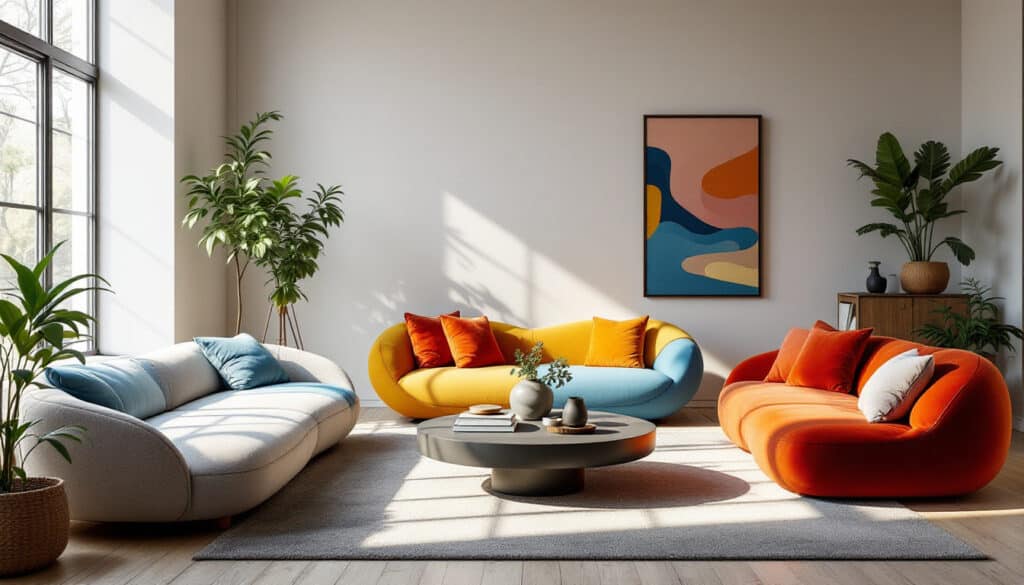 sala moderna con sofas de colores brillantes y luz natural en un espacio abierto