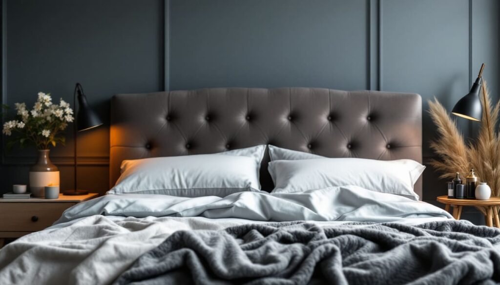 cabecero de cama tapizado en tonos grises con almohadas y colcha blanca en dormitorio moderno