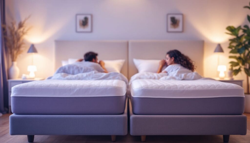 camas individuales juntas en habitacion moderna con luz suave y dos personas acostadas en ambos colchones