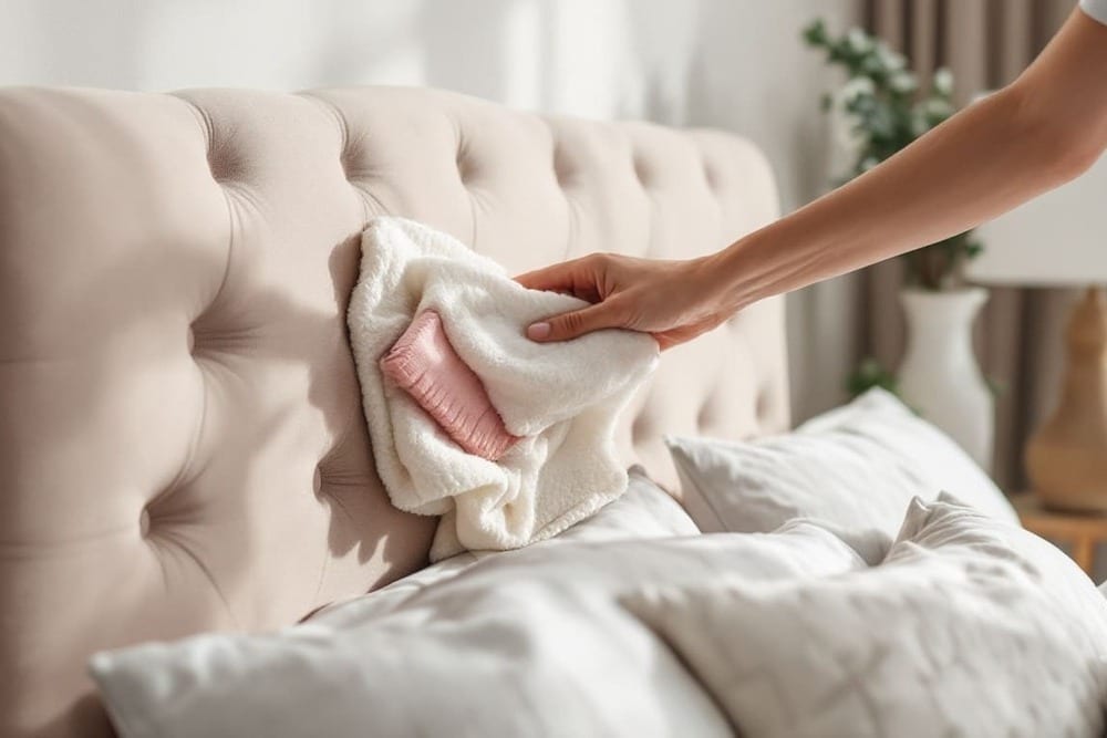 mano femenina limpiando cabecero tapizado en color claro con pano en dormitorio acogedor