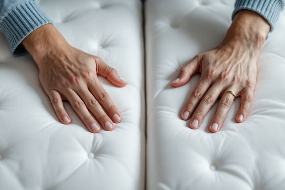 manos presionando superficie de colchon blanco para probar su firmeza y textura en detalle de cama
