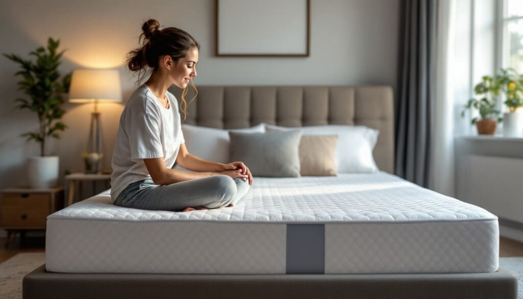 mujer sentada en colchon gris en dormitorio con luz natural y ambiente relajante para momento de descanso