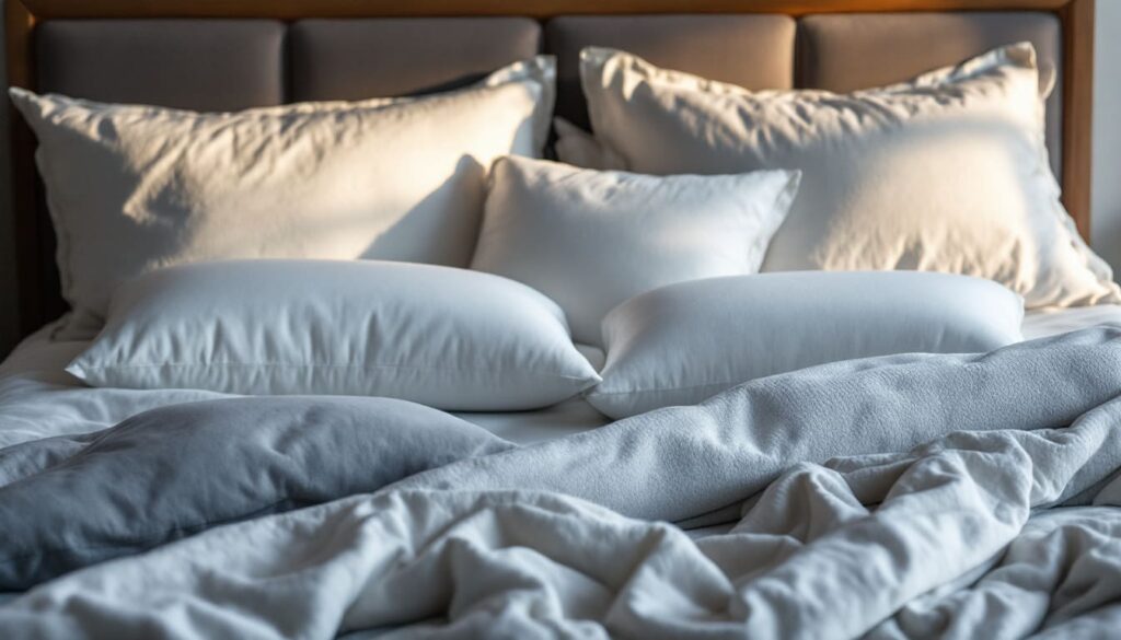cama con mantas grises y cojines blancos en ambiente acogedor