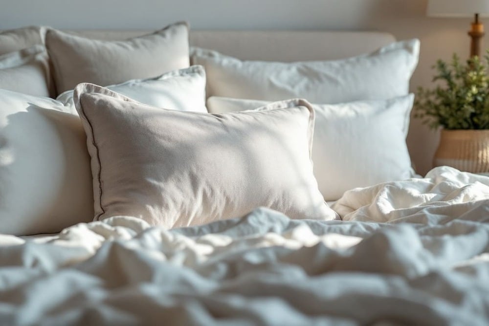 cama grande con muchos cojines blancos y manta en tonos claros