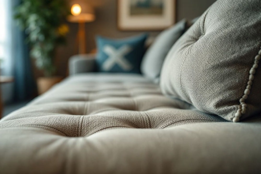 detalle de sofa tapizado en color beige en ambiente acogedor