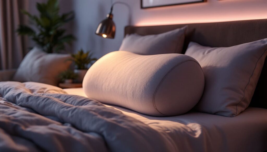 dormitorio con cama y mantas en tonos morados iluminacion calada y plantas