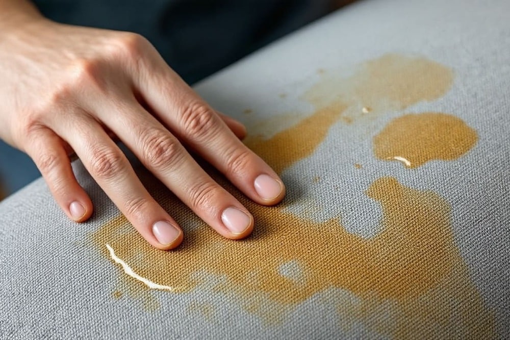 mano aplicando producto limpiador sobre manchas de liquido en tela gris clara de sofa o sillon