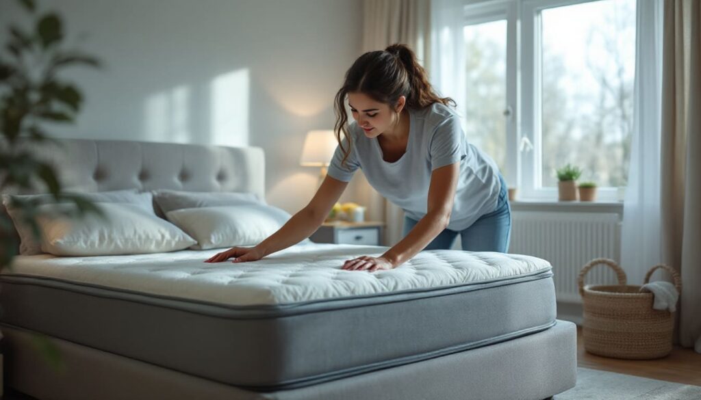 mujer haciendo la cama con mano en colchon en habitacion con luz natural y ventana al fondo