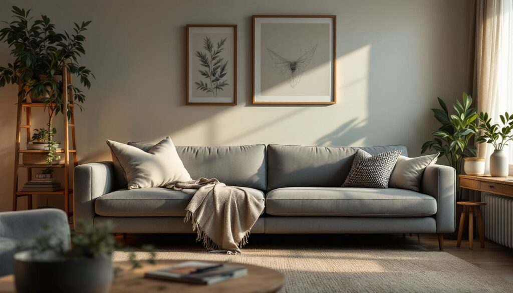 sala de estar con sofa gris claro cuadros en pared y plantas ambientacion natural