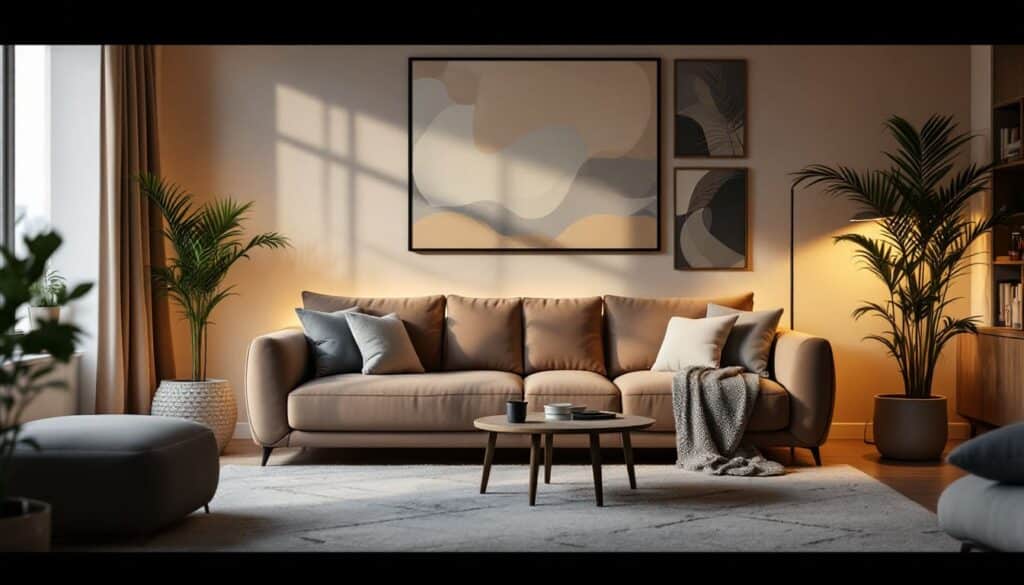 sala de estar moderna con sofa gris mesa de centro y iluminacion calida